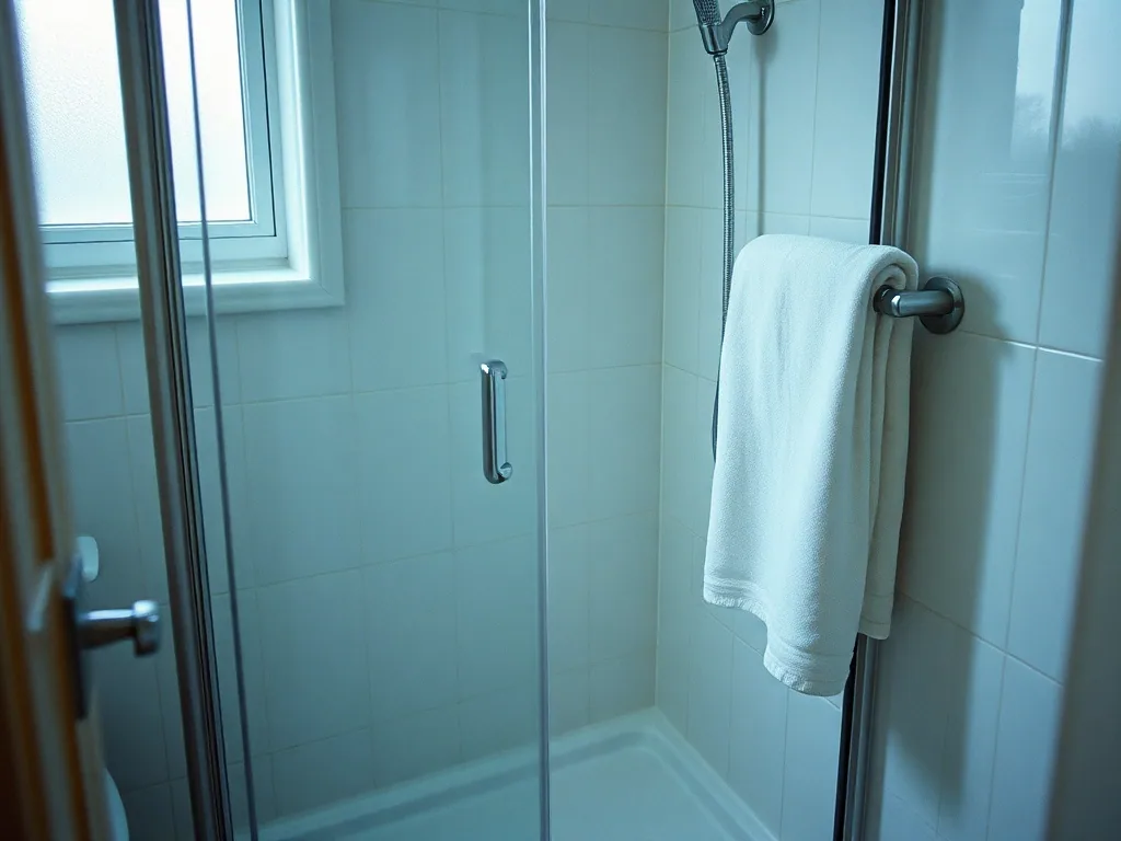 A small tiled bathroom with a clear glass shower enclosure, a chrome hose on the wall and a white towel folded over the rail.
