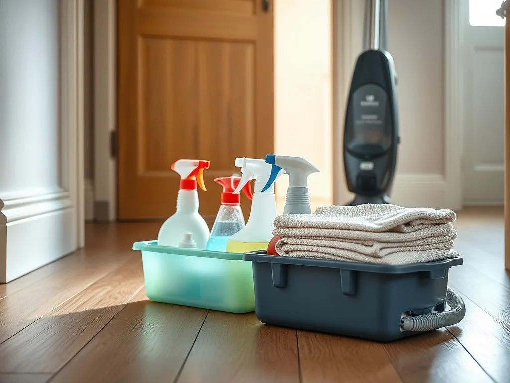 Two plastic trays on a wooden hall floor, one holding spray bottles and one a folded stack of cloths, with a vacuum standing behind them.