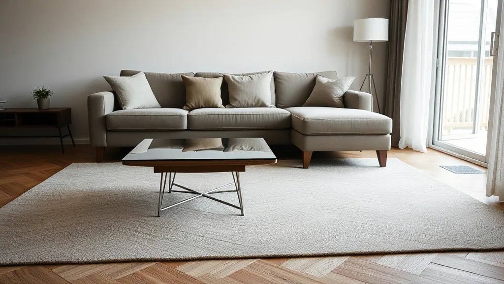 A living room with cushions squared along a grey sofa, a low table on a pale rug and daylight coming through a glazed door.
